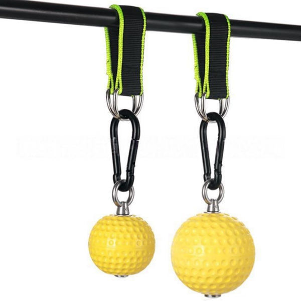 Pull-up grebsbolde til armstyrke – gul PU-overflade med rustfrit stål krog og polyester stropper, 9.7cm diameter, sæt til pull-up og klatring