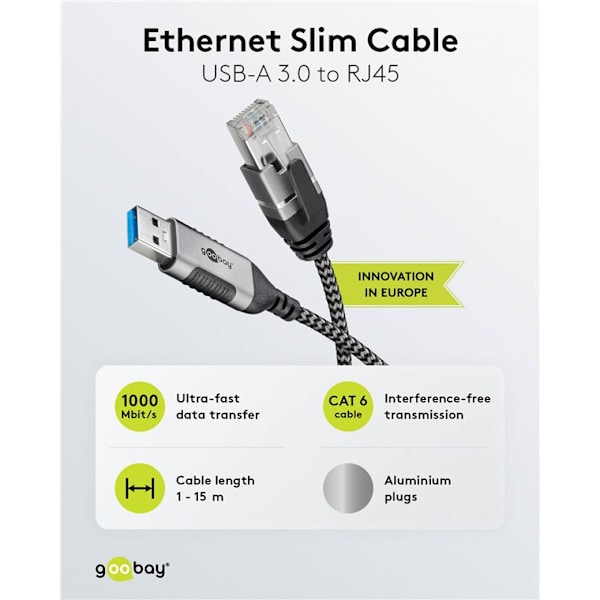Ethernet-kabel USB-A 3.0 til RJ45, Slim, 7,5 m