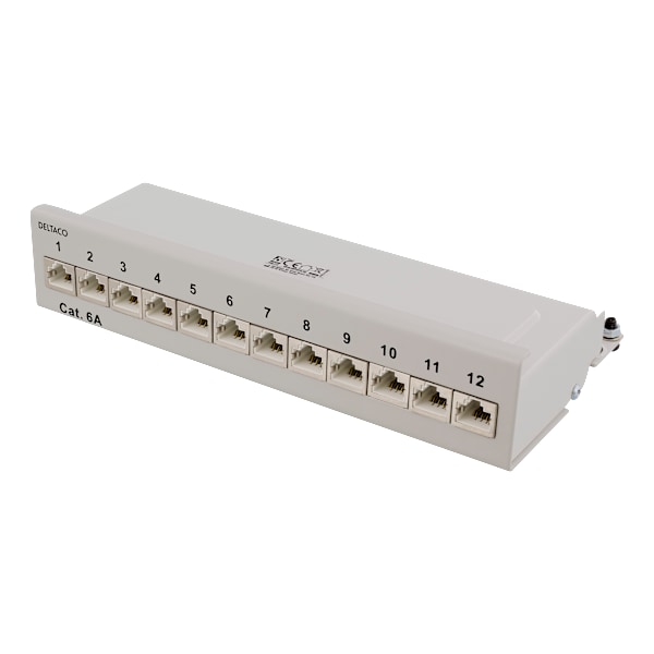 Patch Panel, 12xRJ45, Cat6a, wall-mountable, metal, grey Grå