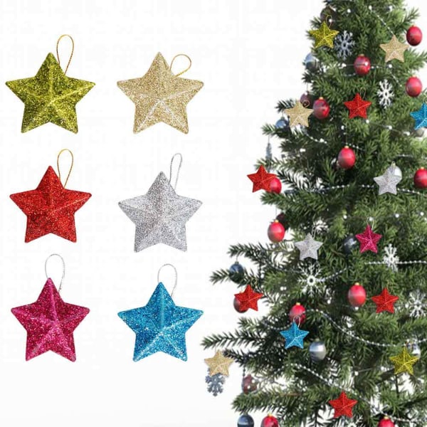 6 Pakkauksessa kimaltelevia tähtikoristeita joulukuusen koristel Monivärinen