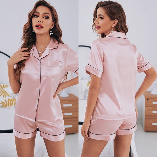 Button Down Short Pyjamas Set för kvinnor 2-delade toppar och shorts Rosa M
