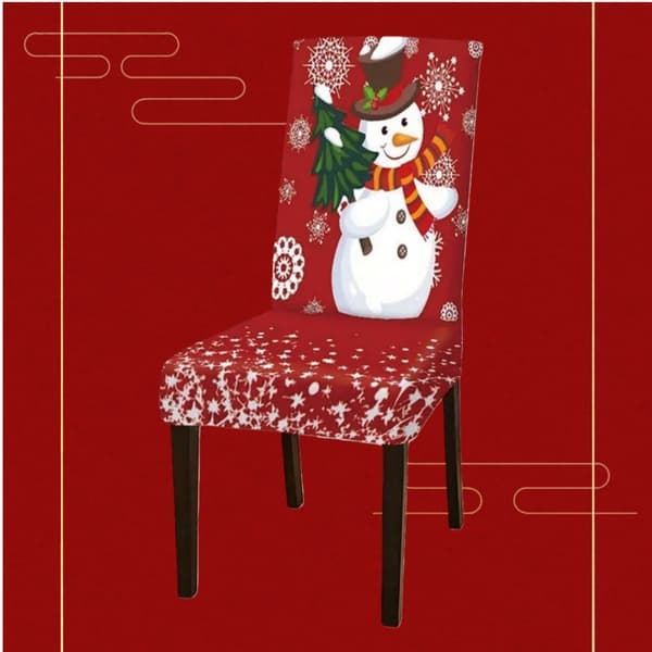 Festlig Jul Stolsöverdrag - Röd Snögubbe Design, Polyester Matsalsstols Skydd