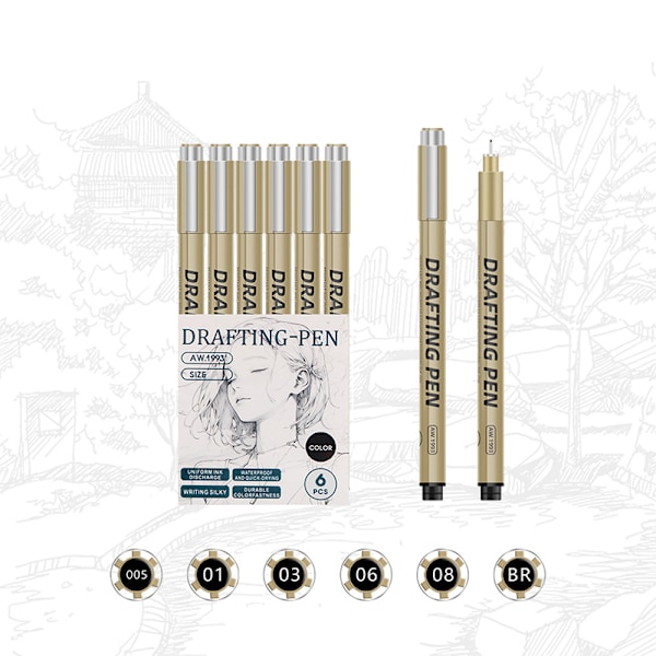 Precision Fineliner Pen Set Svarta Pennor för Ritning 6 delar