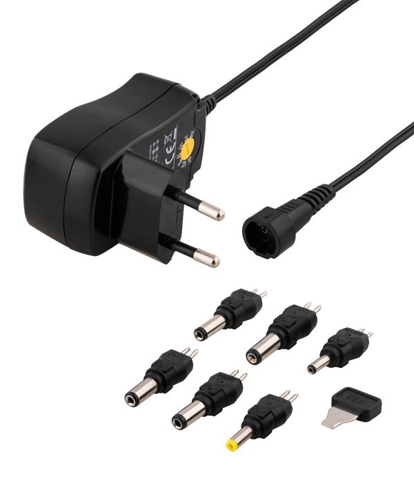 AC adapter 230V to 3-12 V DC, 600 mA, 6 interch. connectors