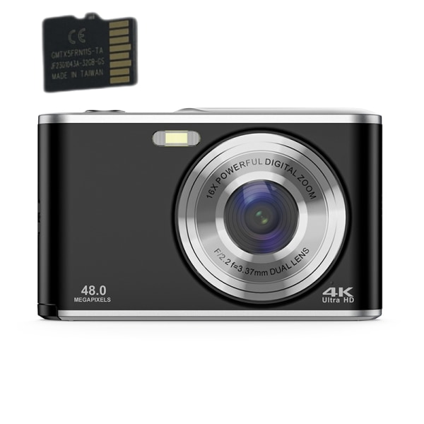 Digitalkamera 4K 48MP 16 x zoom webbkamera med 32GB TF-kort Svart