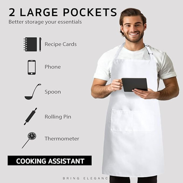 Justerbart vattentätt förkläde i polyester för kök och restaurang - 2-pack White White