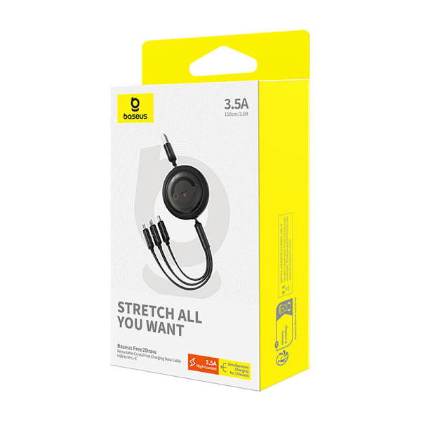 Hurtigopladningskabel 3-i-1 Baseus Free2Draw, USB til micro USB+USB-C+Lightning, 3,5A, 1,1m (sort)