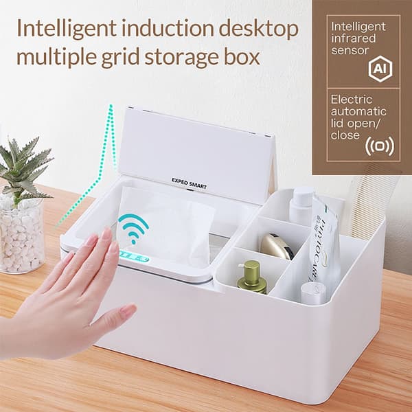 Smart Sensor Elektrisk Bordvævskasse - USB Genopladelig & Multi-rum Opbevaring White White