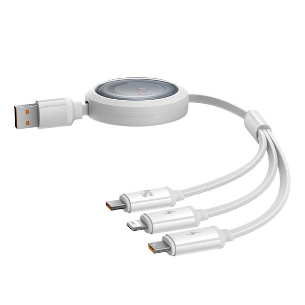 3-i-1 Baseus Free2Draw USB till M+L+C 100W-kabel, 1,1 m (vit)