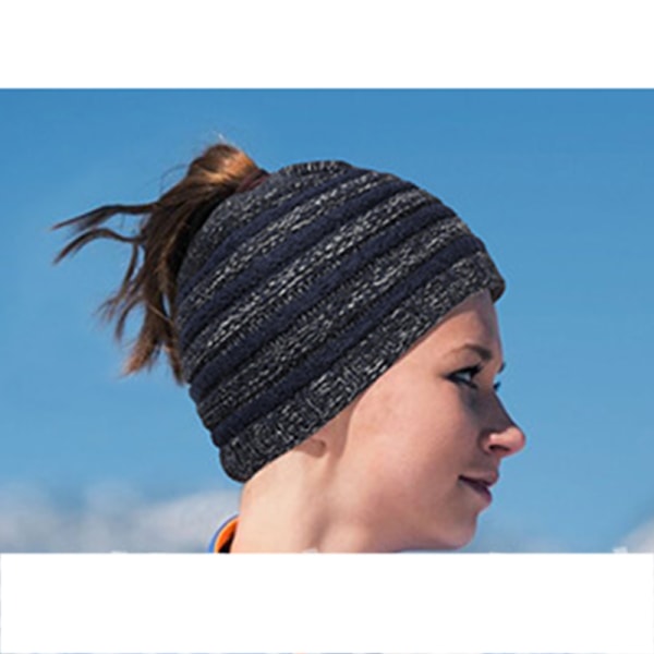 Naisten Stretch Knit Hat Ponytail Pipo Hatut Lämpimät Talvilakit Musta