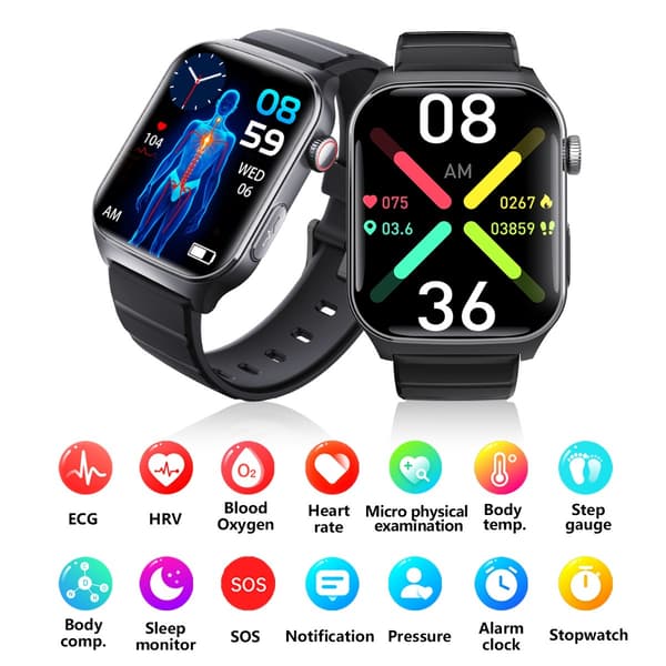 Smartwatch med Bluetooth-samtal och hälsomonitorering kompatibelt med iOS och Android, Bluetooth 5.3, PU-läderrem Black Black