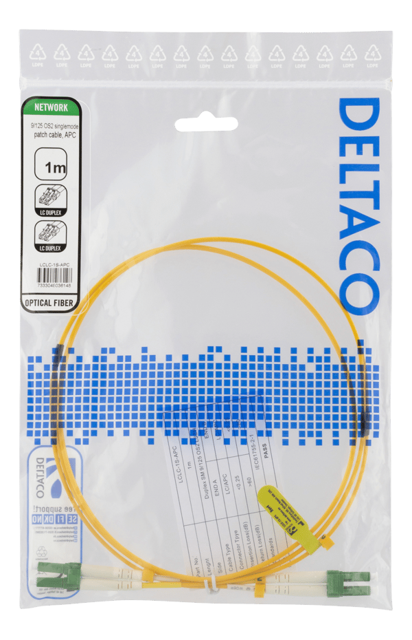OS2 Fiber cable, LC – LC, duplex, singlemode, APC, 9/125, 1m