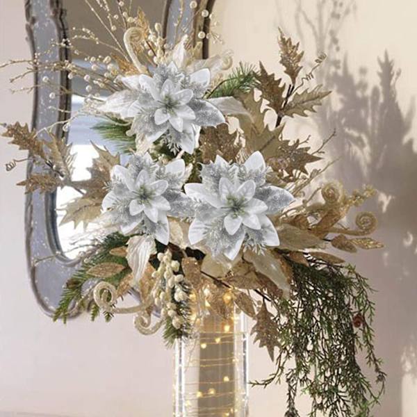 Kunstige juleblomster sølv 5-pak julepynt