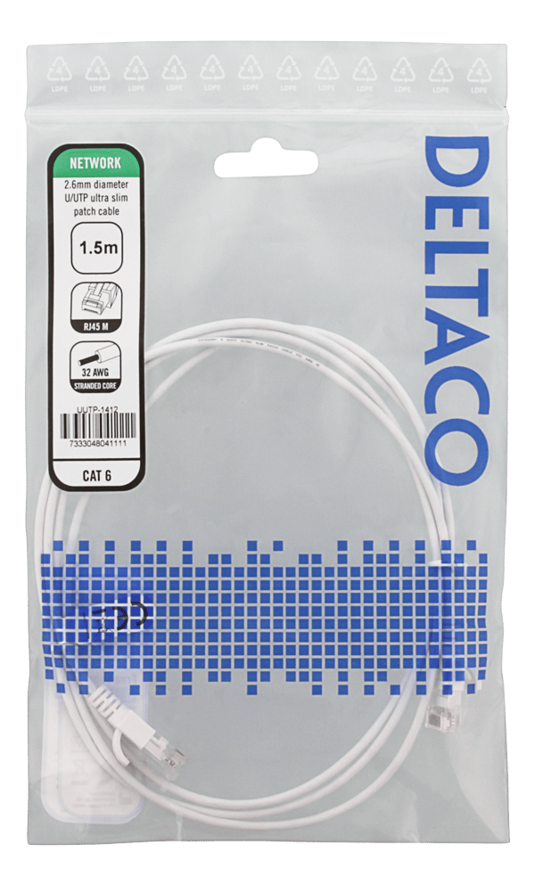 U/UTP Cat6 patch cable slim, 2.6 mm⌀, 1.5m, 500MHz, white