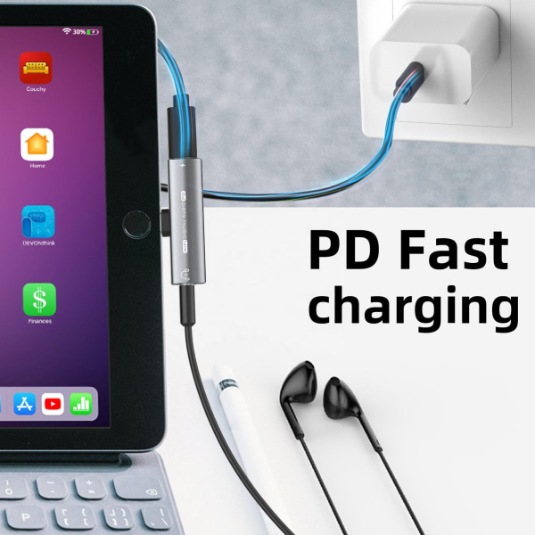 USB-C til 3,5 mm adapter til hovedtelefoner og oplader Grå