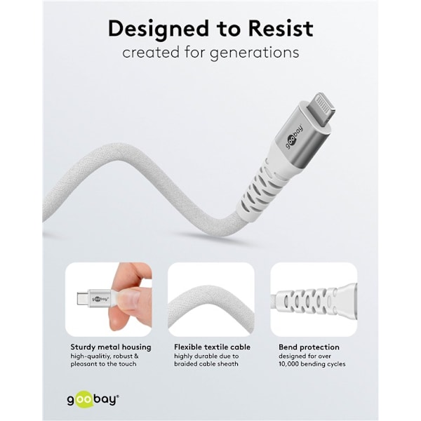 Lightning USB-C™ superblødt tekstilkabel med metalstik, 1 m, hvid