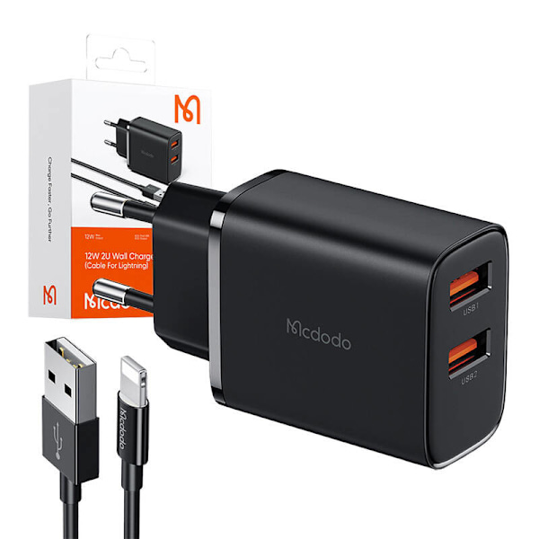 Mcdodo CH-5071 USB-A*2, 12W nätverksladdare + USB-A till lightning-kabel (svart)