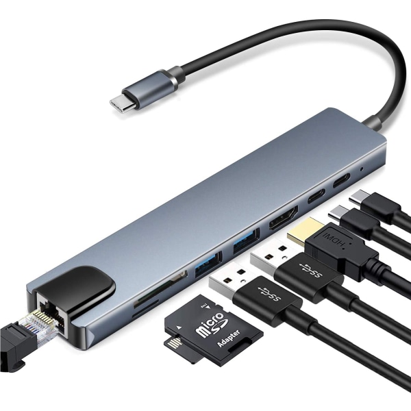 INF 8 port USB-C hub med USB, UBC PD, HDMI, RJ45, hukommelseskor Grå