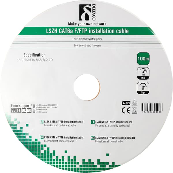 F/FTP Cat6a installation cable, LSZH, 100m box, white