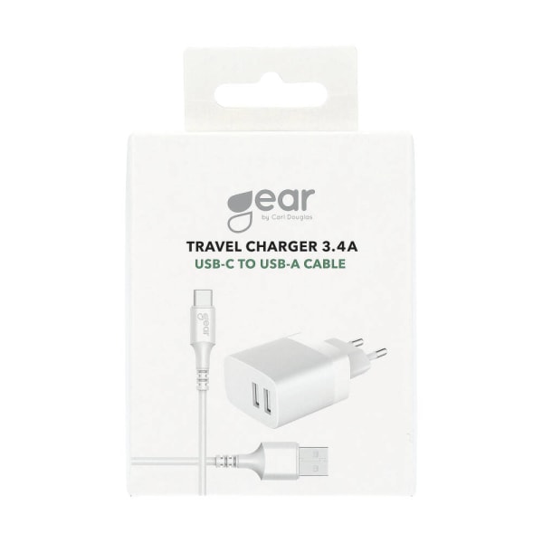 Laddare 220V 2xUSB 3.4A Vit USB-C 2.0 Kabel 1m