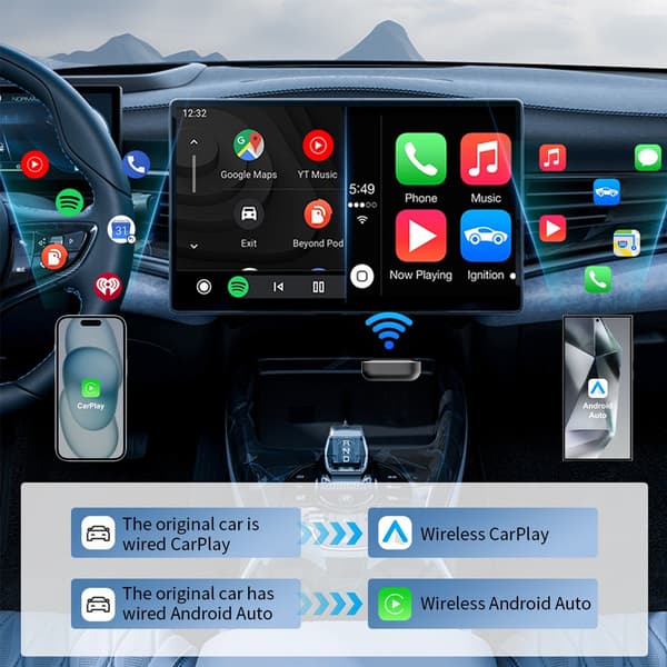 J10 2-in-1 langaton CarPlay ja Android Auto -sovitin - USB-dongle 98 % autoista