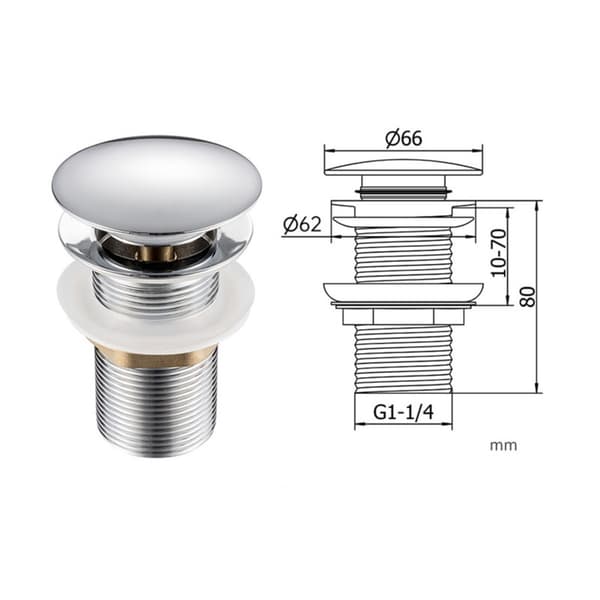 Rustfrit stål pop-up afløb til håndvask - Click-clack push-button til badeværelse, uden overløb, stor dæksel, sølv, 6.6cm x 8cm x 3cm