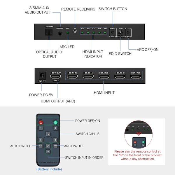 HDMI switch 5 in 1 out, 4K@60Hz med ARC audio extractor HDMI 2.0 HDR och fjärrkontroll Svart