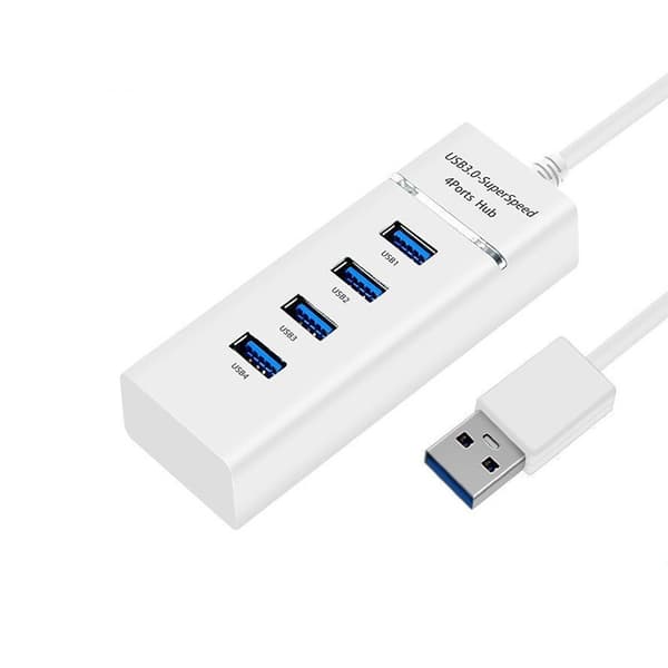 USB 3.0 Hub med LED-indikator og strømafbryder, 4-Port højhastigheds 5Gbps datahub, kompatibel med Windows, macOS og Linux White White
