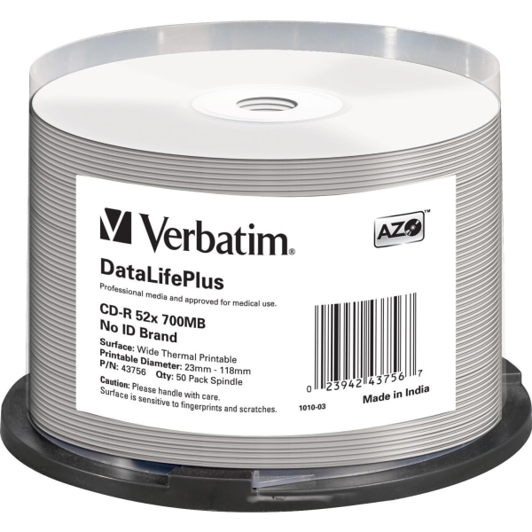 CD-R 52x700MB/80min 50-pack Wide Thermal Printable 23-118mm