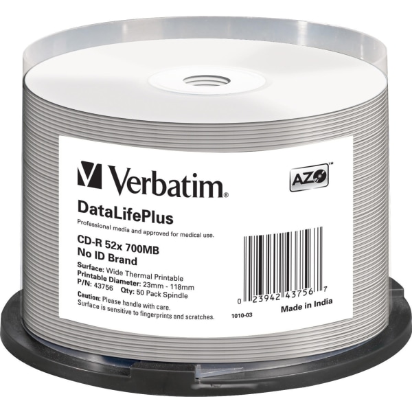 CD-R 52x700MB/80min 50-pack Wide Thermal Printable 23-118mm