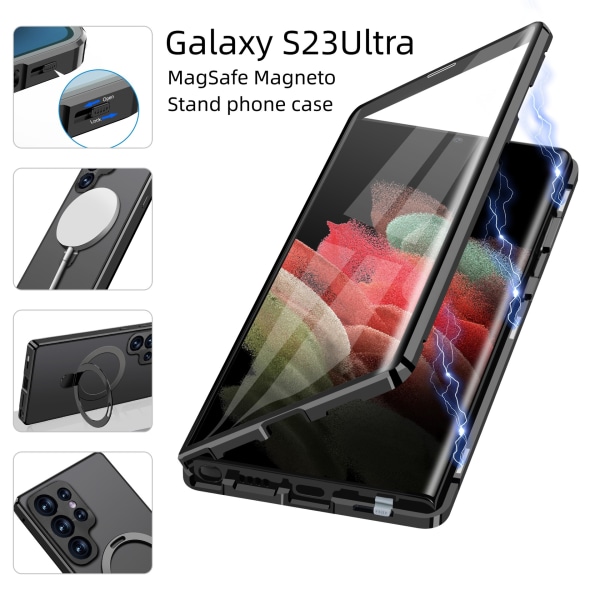 Skärmskydd magnetiskt skyddande telefonfodral med stativ Samsung S23 Ultra Svart