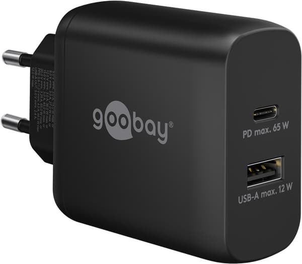 USB-C™ PD GaN dobbelt hurtigoplader (65 W) sort