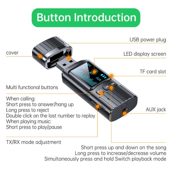 Bluetooth-lydadapter USB-drevet Bluetooth 5.4 sender og modtager med 3.5mm stereo, 10m rækkevidde og håndfri opkald