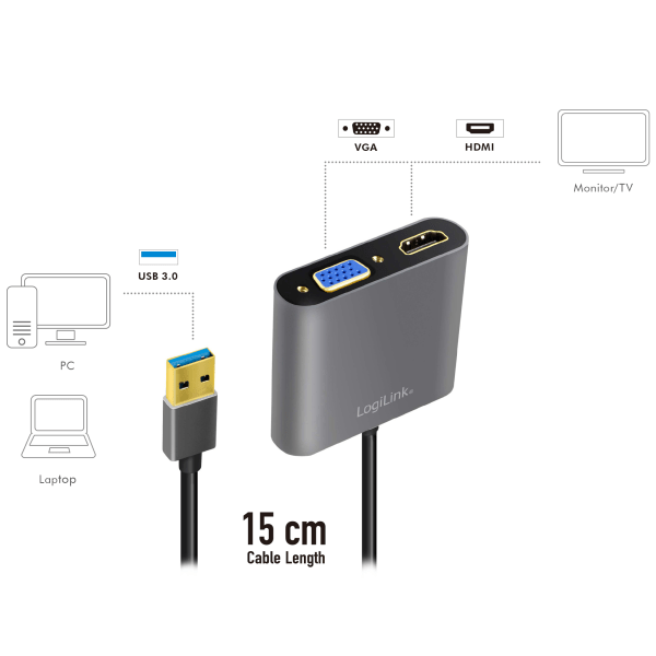 LogiLink USB-A 3.0 -> HDMI-Hona + VGA-Hona Adapter