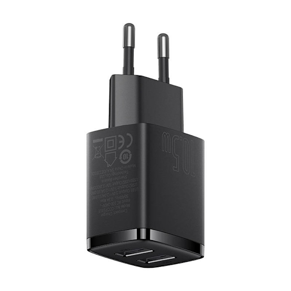 Baseus kompakt snabbladdare, 2x USB, 10,5W (svart)