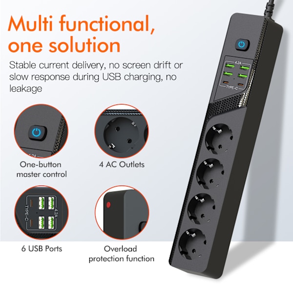 EU 4AC strømstik med 6 USB-porte - BKL-03 Sort