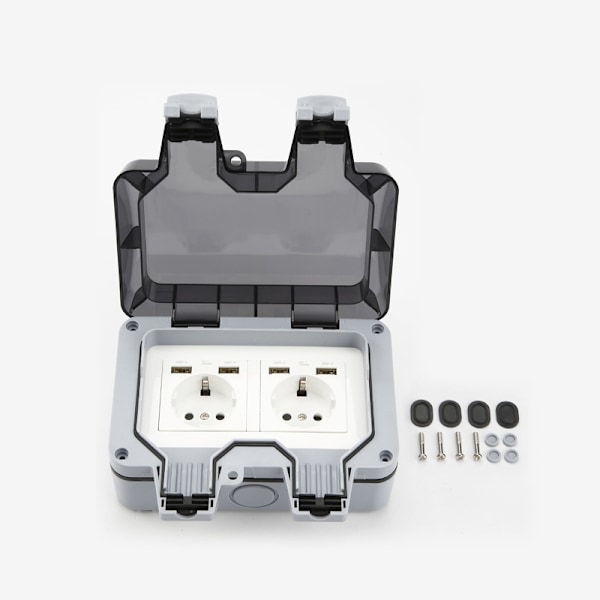 Vesitiivis pistorasia, jossa virtakytkin, kääntösuoja ja 4 USB-porttia Harmaa