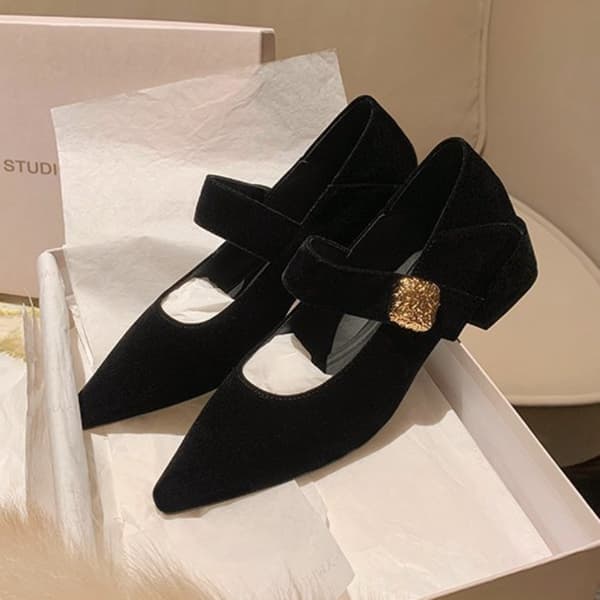 Pointed Toe Sammet Mary Jane Skor med Blockklack Black 38 Black 38