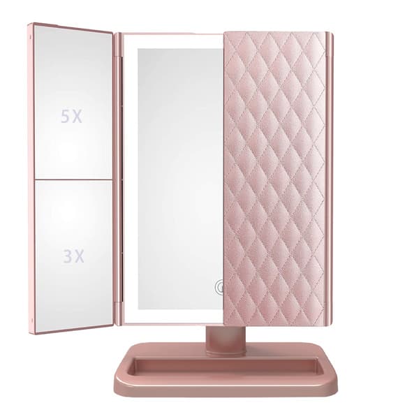 LED Sminkspegel - Läderdesign, USB/Batteridriven, Tri-Fold Sminkbordsspegel Pink Pink