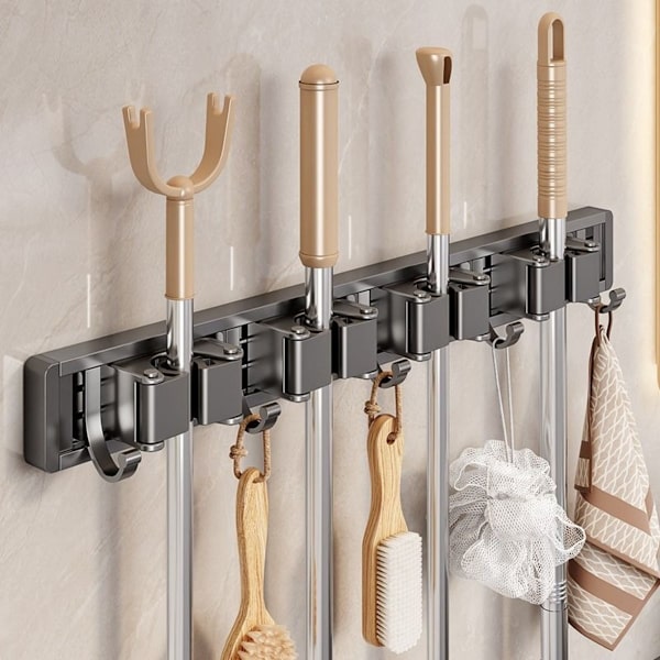 Wall-Mounted Broom Holder Silver 40cm 3 Clamps 4 Hooks Mop Rack Dual Use