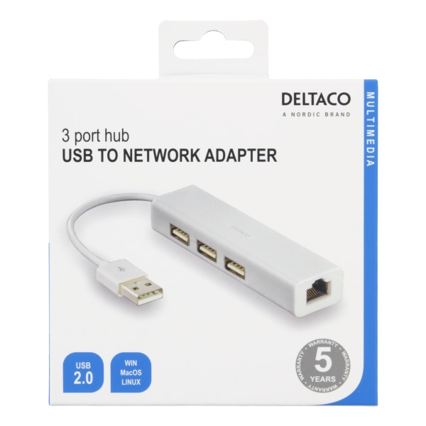 USB 2.0 network adapter with USB hub, 100Mbps, 3xUSB, white