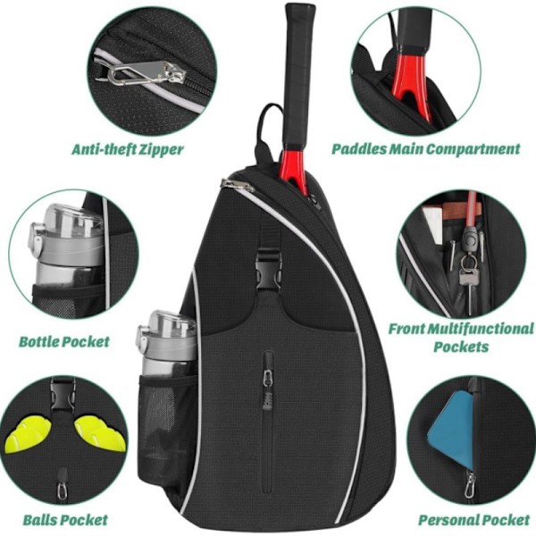 Vattentät Badmintonracketväska, Crossbody Tennisväska med En Axelrem Svart