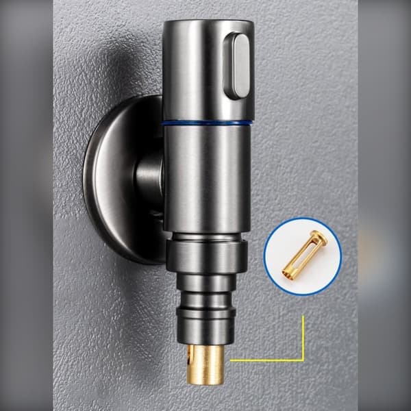 Stainless Steel Automatic Shut-Off Washing Machine Valve - Compact Silver Angle Faucet with Extended Brass Stopper