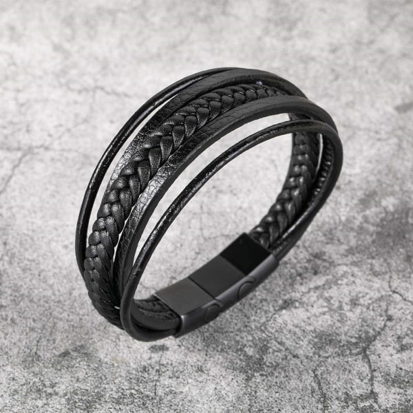 Flätat läderarmband för män Svart