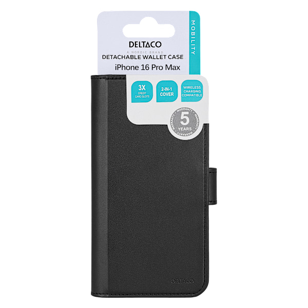 Wallet case, 2-in-1, iPhone 16 Pro Max, magnetic cover,black