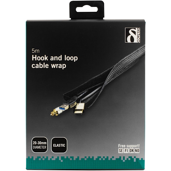 Nylon cable wrap, hook and loop fastener, 5m, black