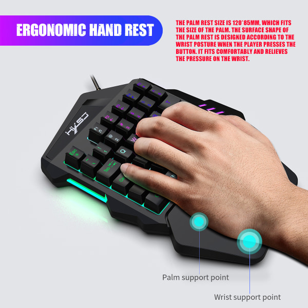 Enhånds gaming-tastatur, tastatur, mus, RGB-baggrundsbelyst håndledsstøtte