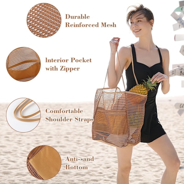 Vikbar strandväska, tygväska i mesh för kvinnor Beige