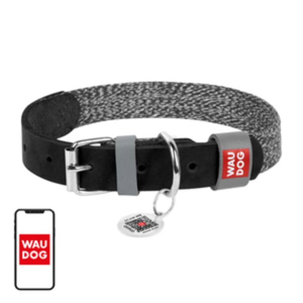 Hundhalsband av naturläder och återvunnet material med QR-kod Waudog storlek L, bredd 25 mm, svart