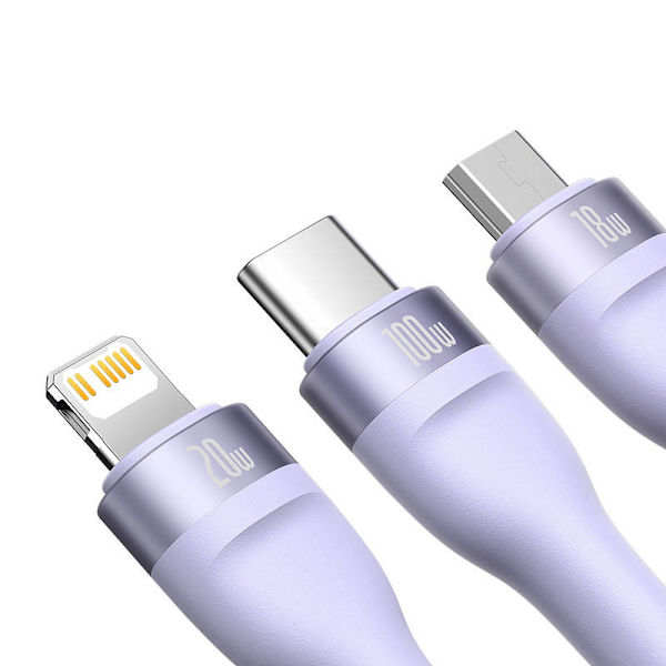 3-i-1 USB-kabel Baseus Flash Series 2, USB-C + micro USB + Lightning, 100W, 1,2m (lila)